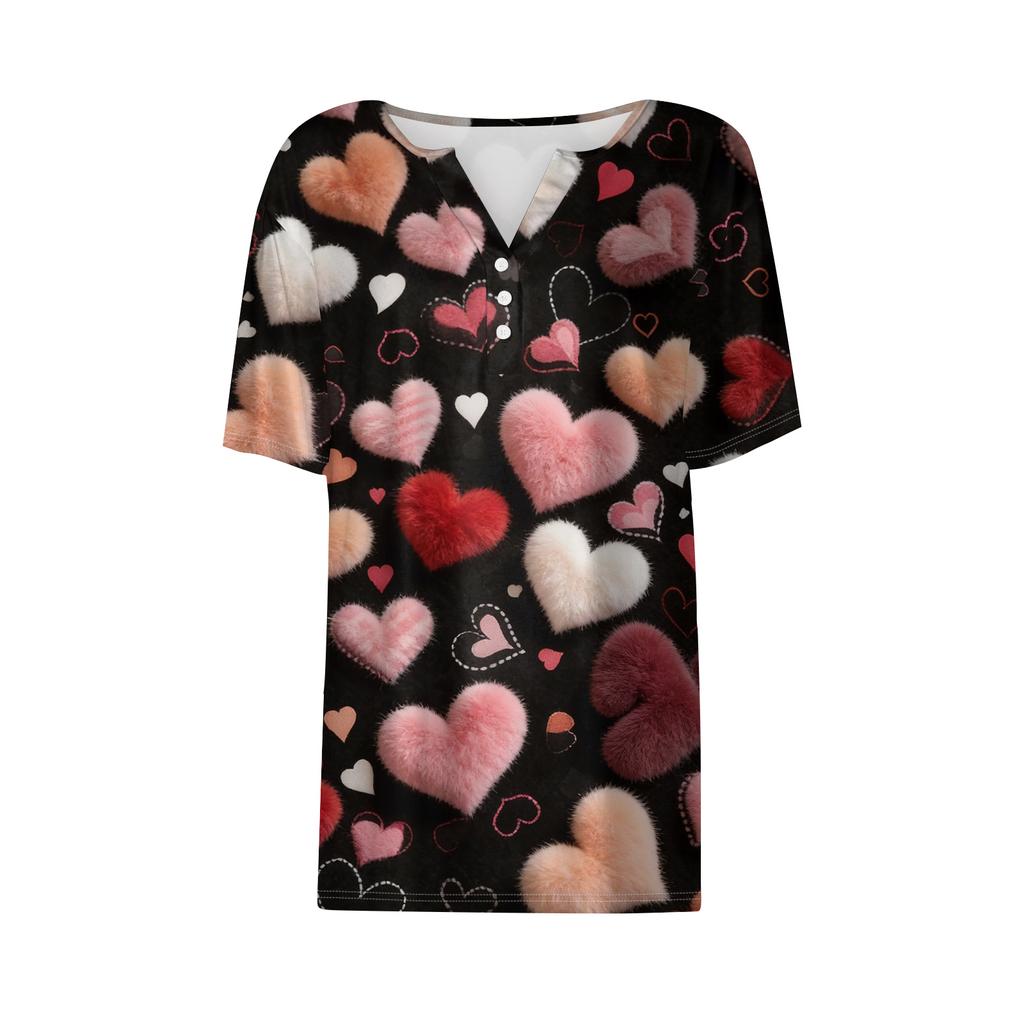 Women's Fashion Casual V,Neck Short,Sleeve T,Shirt With Decorative Buttons And Valentine's Day Print Top