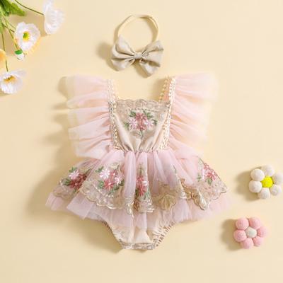 Newborn Girl Outfit, Embroidery Flower Fly Sleeve Romper with Bowknot Hairband Summer Clothes