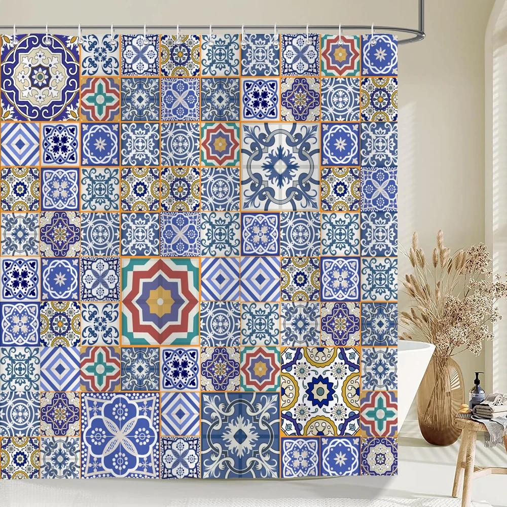 Indian  Bohemian Fabric Shower Curtain Bathroom Curtains Boho Mandala Waterproof Fabric Bath Screen Bathtub Decor with 12 Hooks