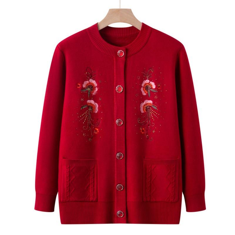 Grandma Sweater Women's Plush Thickened Knitted Sweater for the Elderly Autumn and Winter Embroidered Cardigan Mother Jacket for the Elderly