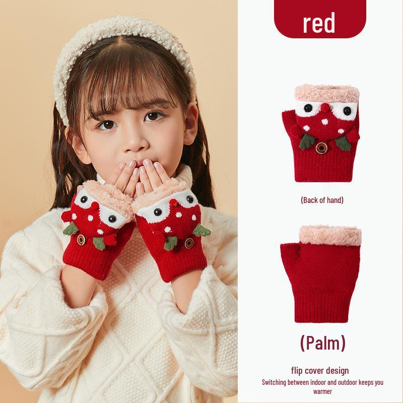 Kinder Rentier Fleece-gefütterte Fäustlinge mit Klappe, Gestrickt für Wärme, Halbfinger-Stil, Ideal zum Schreiben, Alter 3-10 Jahre, Herbst/Winter.