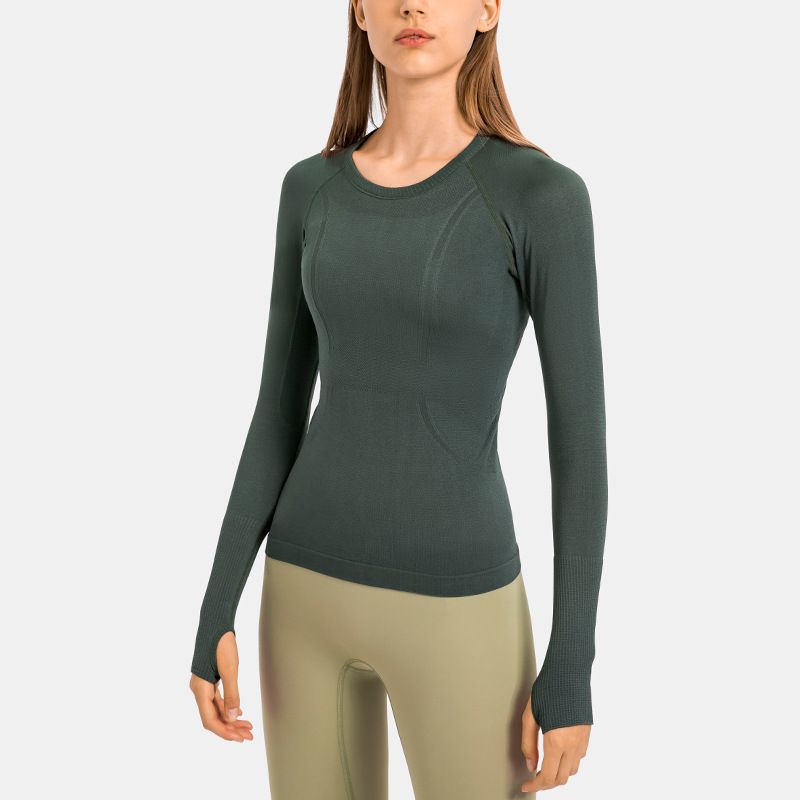 

Export Women s round Neck Long Sleeves Sports T-shirt Fitness Swiftly Tops Casual Quick-Drying Breathable Jacquard Yoga Clothes Granite Green 6/M