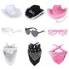 3Pcs Cowgirl Hat Set For Women 3 Light Modes Light Up Tiara With Bandana And Heart Shape Sunglasses Glitter Drawstring Cowboy Hat Dress Decoration
