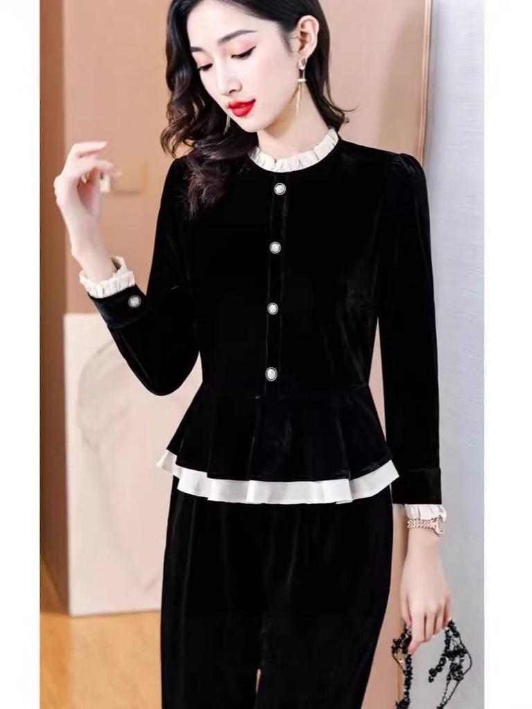 Women's Velvet Stand Collar Top – Elegant Slimming Long Sleeve for Autumn/Winter 2026