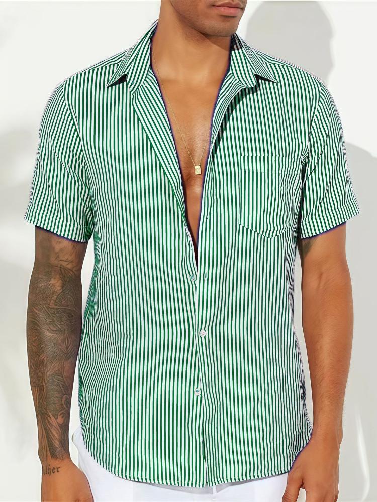 Men's Fashionable Color Woven Striped Casual Short Sleeved Shirt