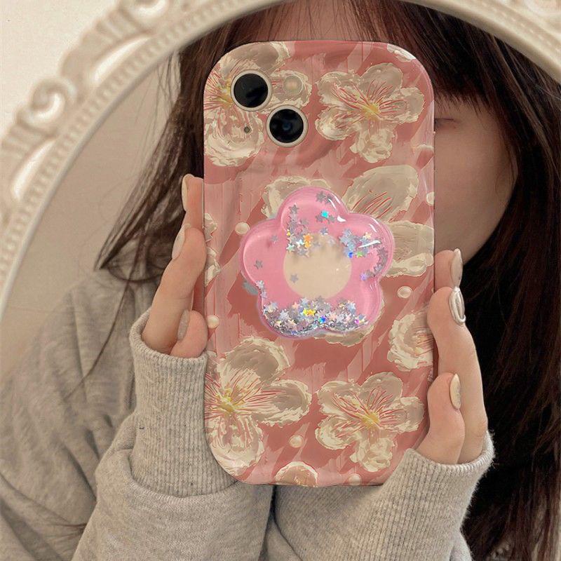 Korean Flower Bracket Holder 3D Wave Case For Realme 15 5G 15 14 13 12 Pro 11 Plus C71 C75 C53 C55 Note 60 C61 GT6 Cover Funda S