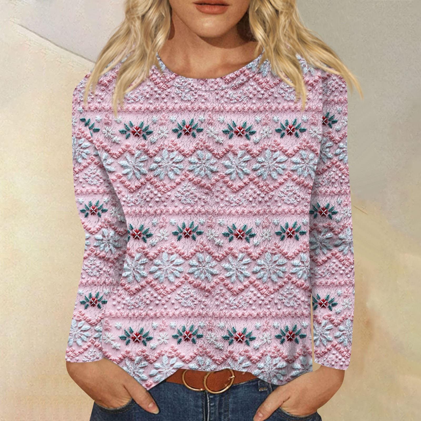 

Женская модная повседневная фланелевая футболка с длинными рукавами и рождественским принтом, с круглым вырезом, фланелевый топ XXXL розовый