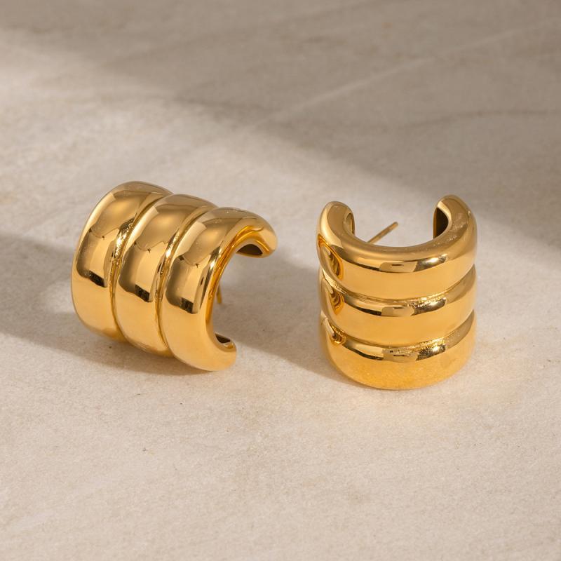 Simple C-Shape Texture Chunky Stud Earrings for Women Glossy Geometric Multilayer Wide Earrings Daily Charm Jewelry Accessories