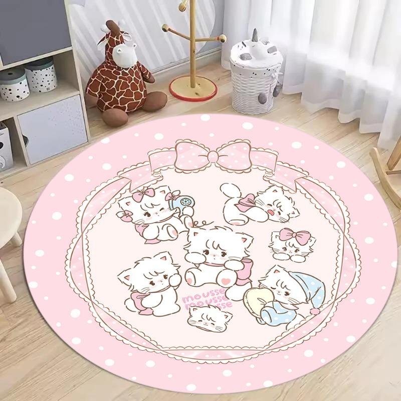 Round Pink Dot Cartoon Cat Carpet for Living Room Kids Bedroom Cute Cat Patterns Anti Slip Rug Children Room Decor