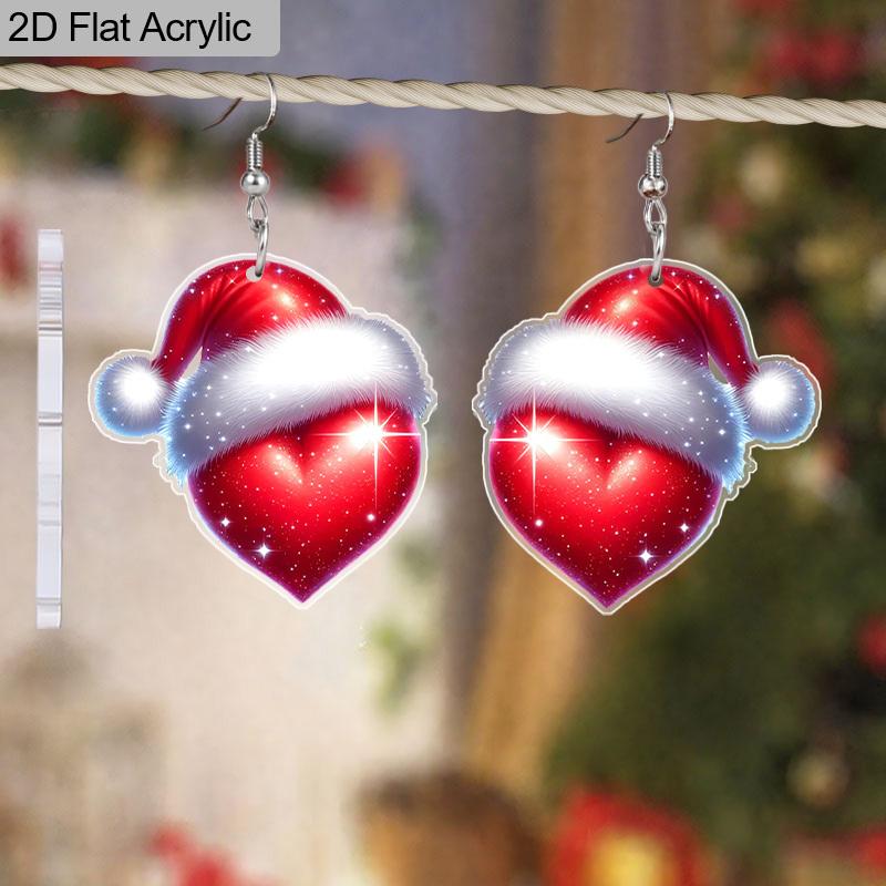2D Flat Christmas Cartoon Red Christmas Hat Heart Double-sided Pattern Earrings Jewelry Gift for Women Female