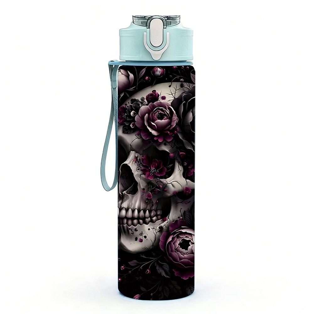 1PC Dark Skull Rose Mystic Gothic Art Print 750ml Color Plastic Sports Water Bottle Leakproof Flip Straw Lid Suitable for Sports Office Home Use