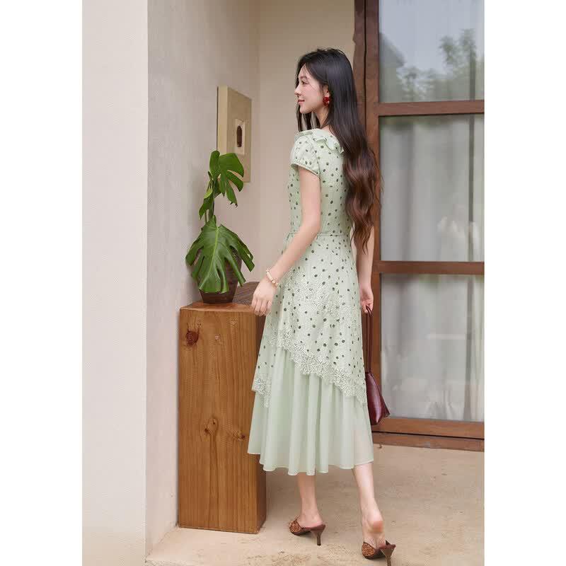 Retro Light Green Polka Dot Print Lace Spliced Dress