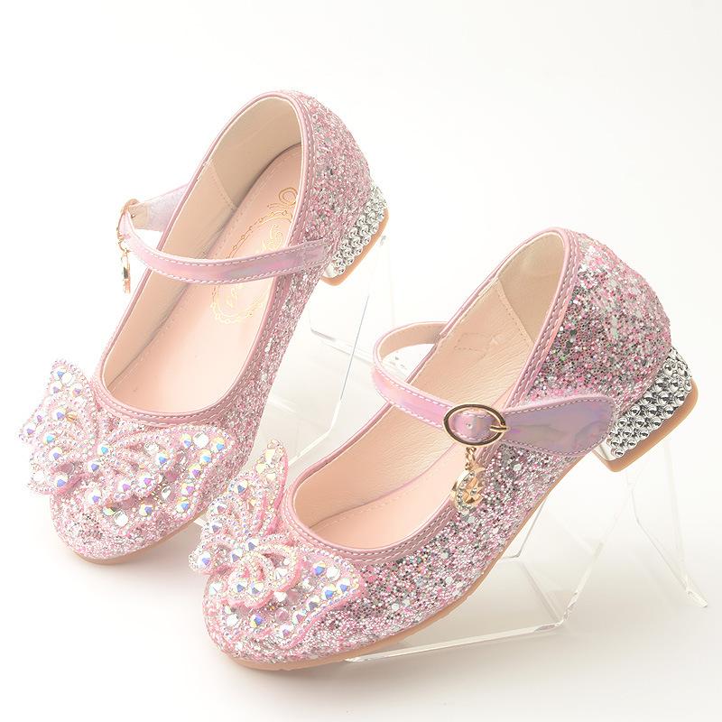 Spring and Autumn New Girls' High Heel Leather Shoes with Sequin Upper and Bowknot, Frozen-themed Shoes, Children's Princess Leather Shoes