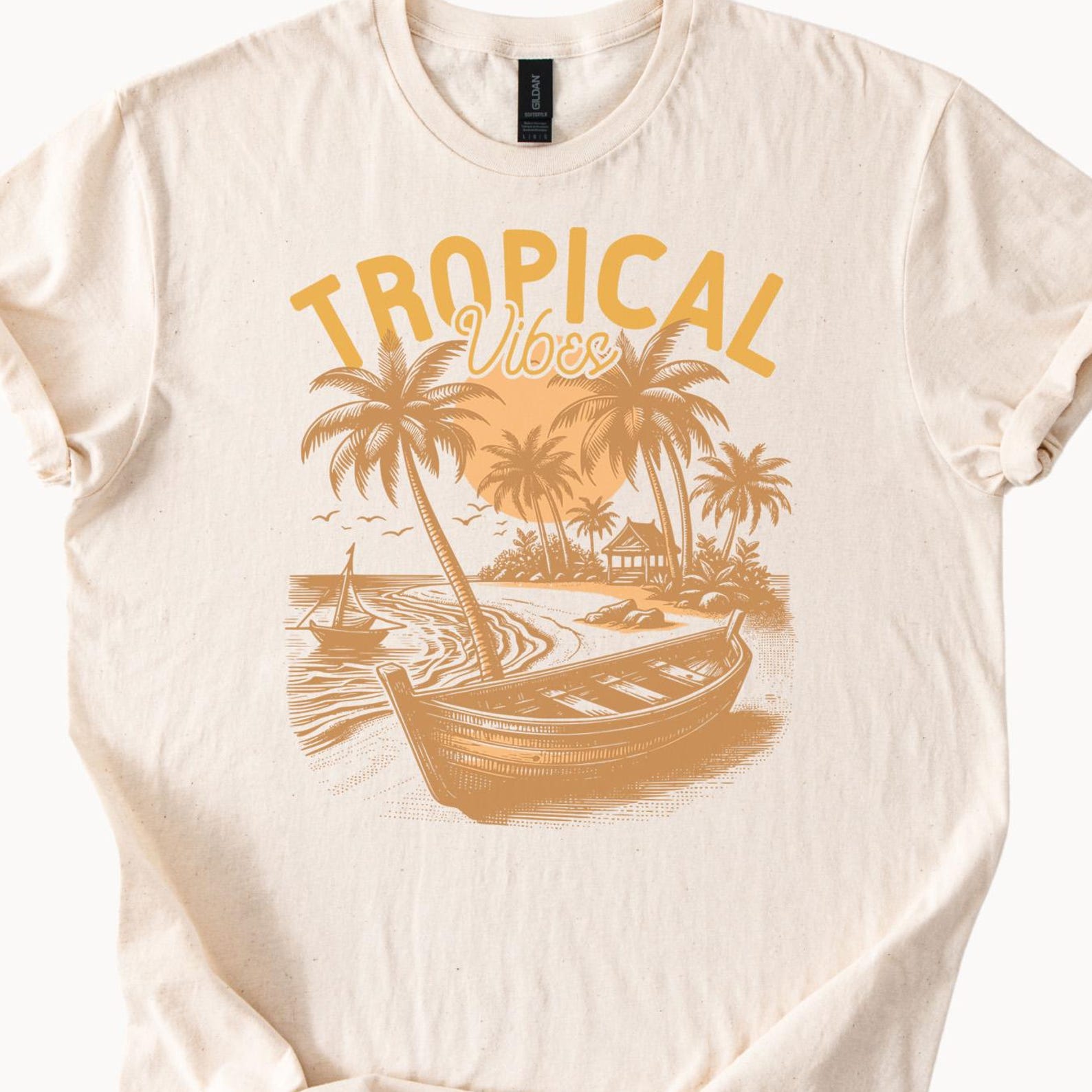Tropical Vibes Shirt Beach Palm Trees Boat Summer Natural Beige Color Cotton Tee 140