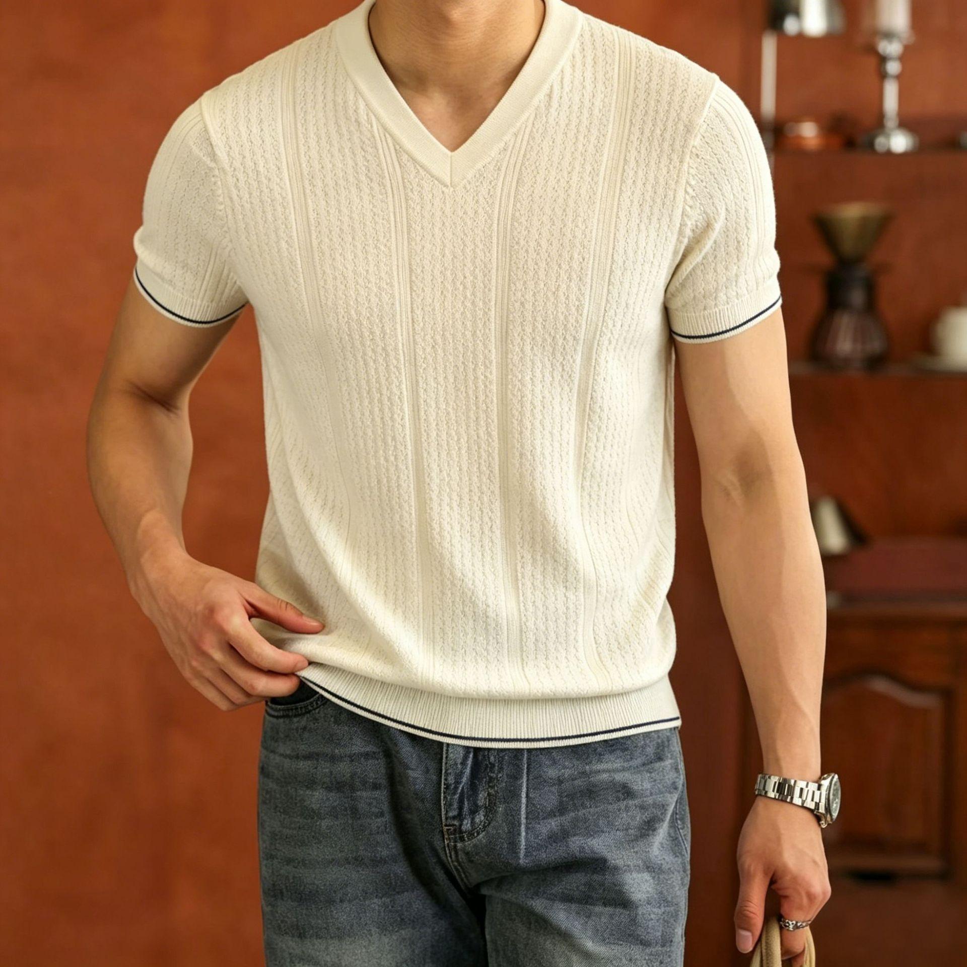 Summer Men S Short Sleeve V Neck Slim Fit Solid Cutout Korean Style Knit Top M