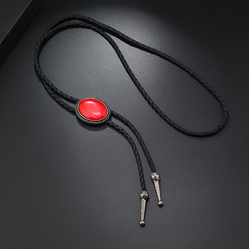 1 Piece Western Cowboy Bolo Tie Vintage Leather Necklace For Men Retro Acrylic Gemstone Polo Necklace