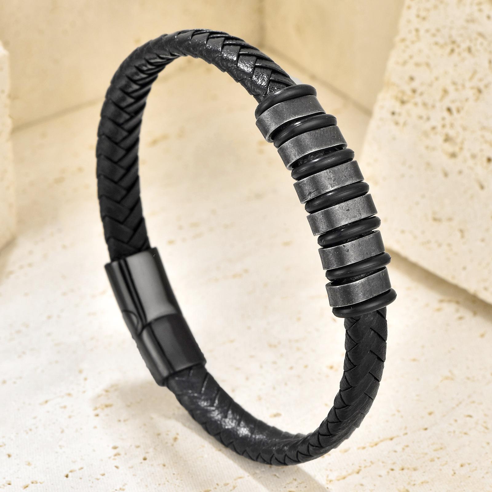 Black Leather Rope Cowhide Men s Bracelet Double-layer Genuine Leather Woven Bracelet Multi-layer Leather Bracelet 2026 21CM