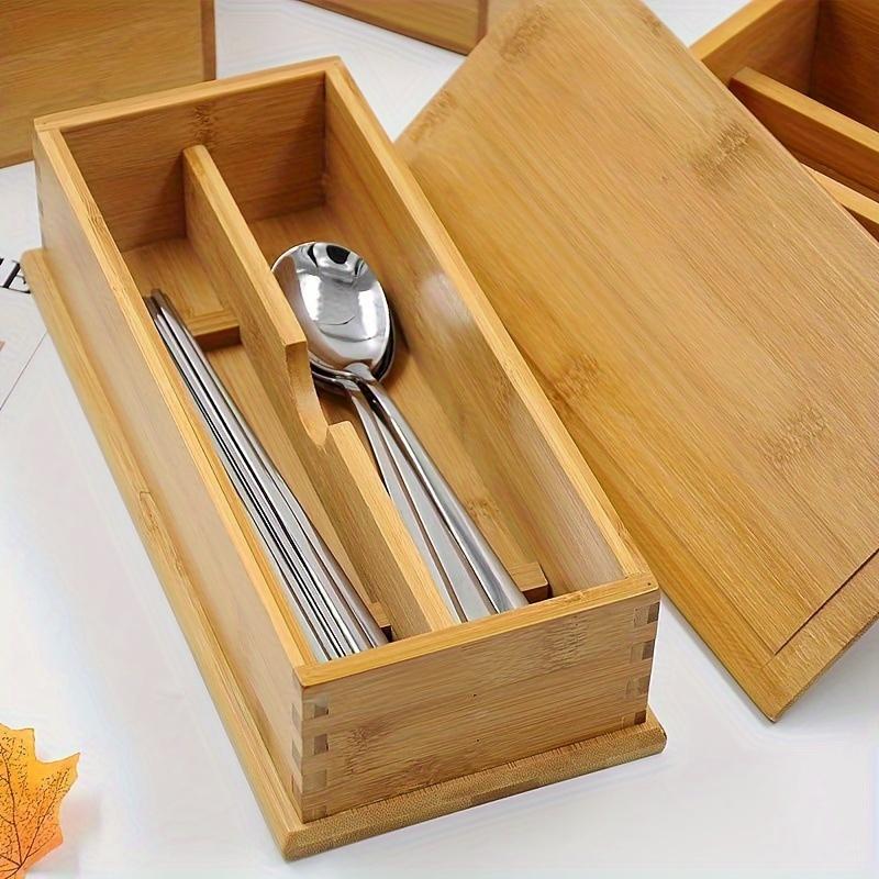 1pc Storage Box, Japanese Style Bamboo Spoon And Fork Cutlery Storage Box, 2-grid Divided Chopstick Box With Lid, For Restaurant And Hotel