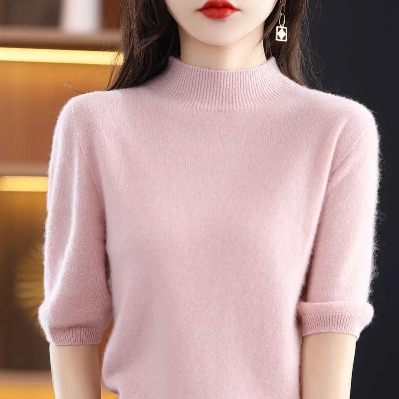 Order A Size Up,Spring/Summer Short Sleeve Sweater Women's Half Turtleneck Short Loose Half Sleeve T-Shirt Versatile Knitted Bottoming Shirt