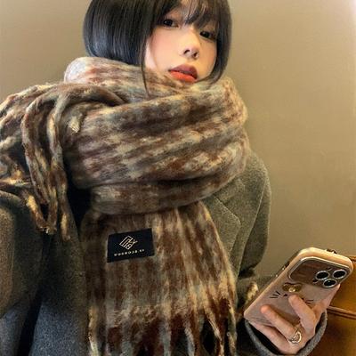 Maillard Fringed Plaid Cashmere Knitted Scarf for Women In Autumn and Winter High End Warm and Versatile Scarf