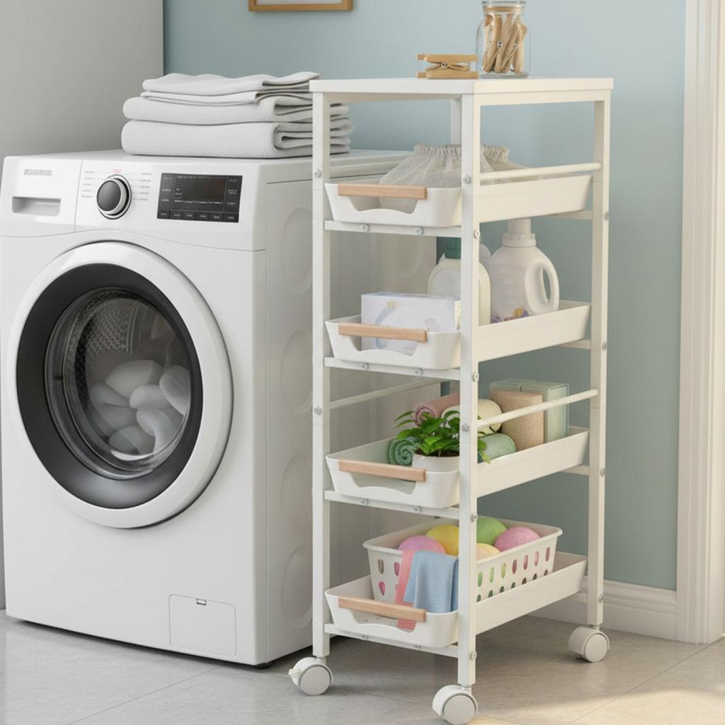 4-Tier Slim Storage Rolling Cart with Pull-Out Baskets and Wheels Metal Organization Trolley for Home Kitchen Bathroom Laundry