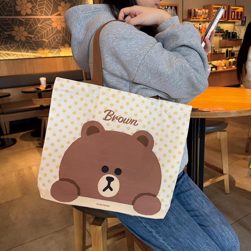 Cute genuine brown bear canvas bag women's new large-capacity zipper student shoulder bag tutoring bag
