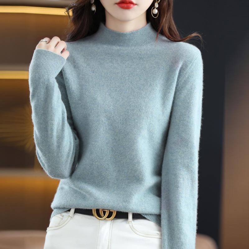 Women's 100% Wool Seamless Pullover Sweater: Autumn/Winter Half-High Neck Base Layer