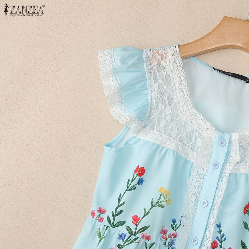 ZANZEA Women Elegant Lace Splice Square Collar Casual Sleeveless Floral Print Vest Tops