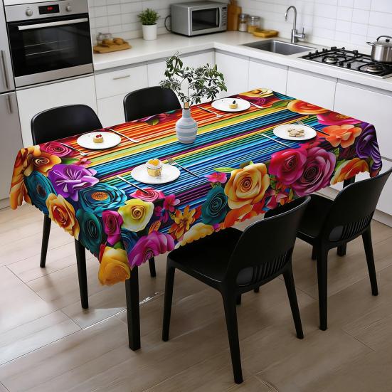 Mexikanische Blumige Tischdecke Rechteckig Volkskunst Muster Tischdecke mit Zackensaum Bunte Blumen Tischabdeckung für Esstisch Party Dekoration