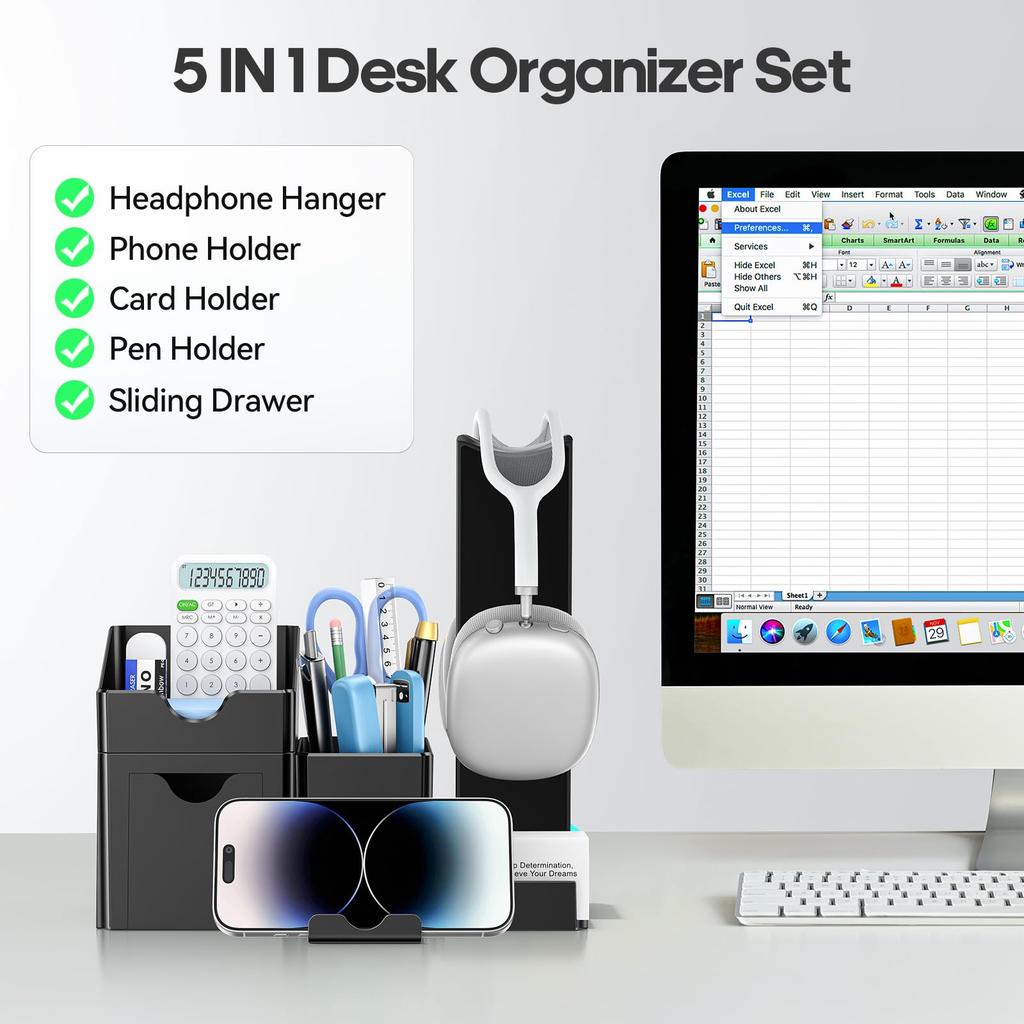 KDD Stylish Pen Holder, Large Capacity Pencil Holder with Drawer, Headphone Hanger, Smartphone Stand, Multifunctional Desk Organizer for Stationery,