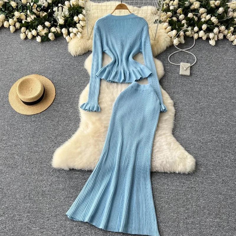 Korejské dvoudílné sady Dámské outfity Tunika s dlouhým rukávem Ustřižený kardigan s vysokým pasem Bodycon Tunika Sukně Oblek Módní Pletený komplet