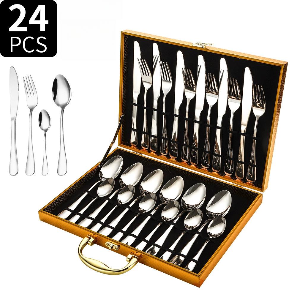 24PCS Stainless Steel Metal Cutlery Knife Fork Spoon Set with Storage Gift Box Quality Cutlery Set for Home Restaurant Tableware