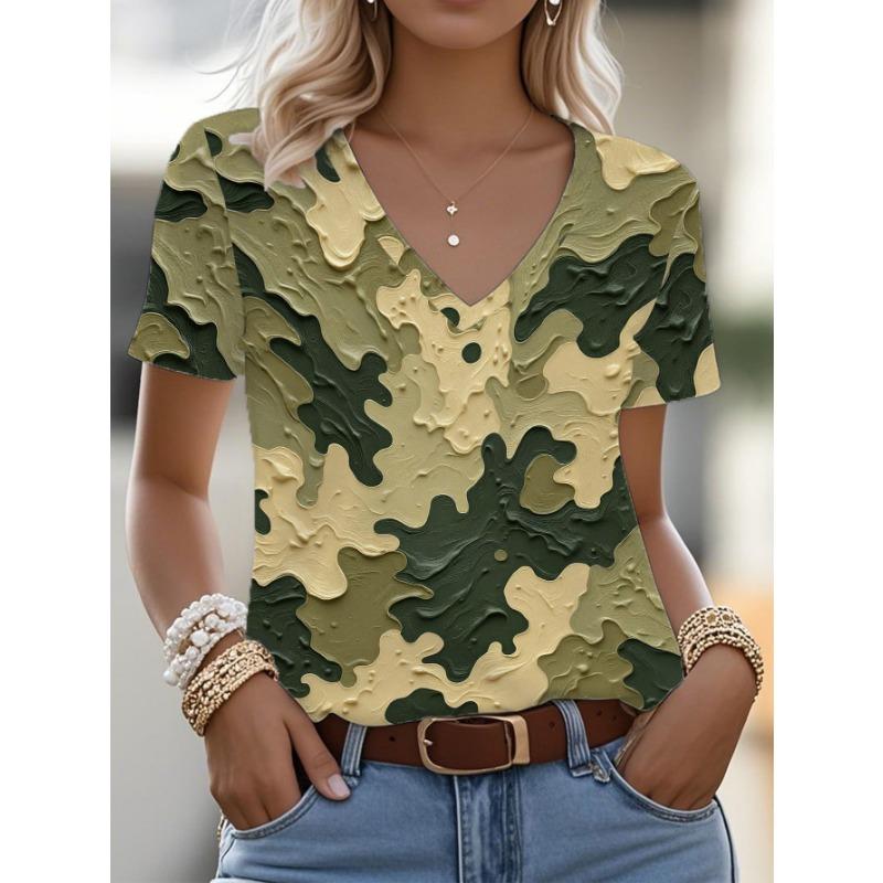 

Women s Camouflage Abstract Texture Print Vneck Tshirt, Suitable for Veterans Day Wear, with a Military Casual and Streetwear Style S