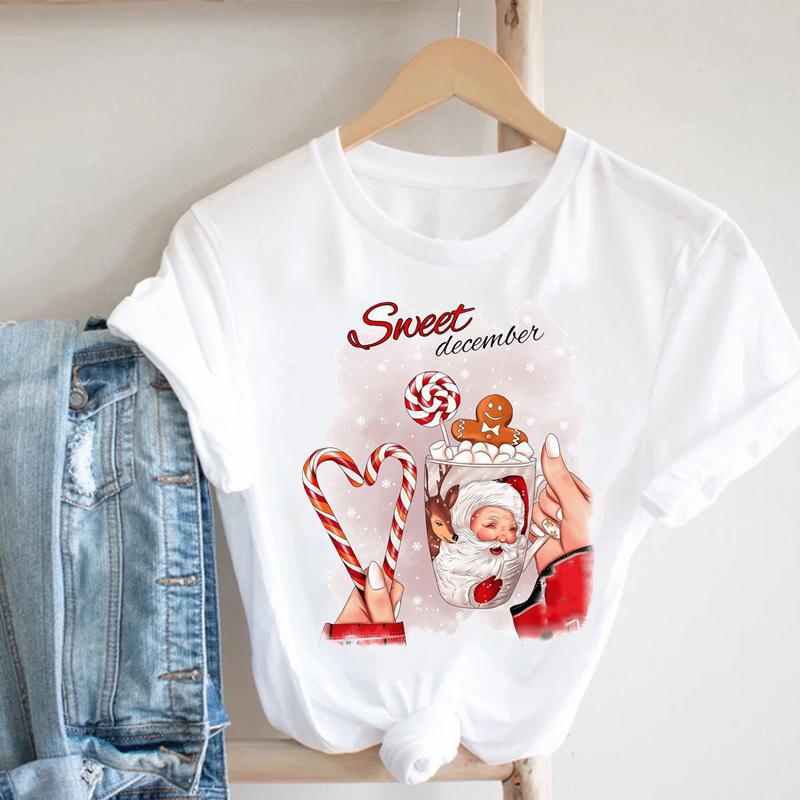 Cartoon Rudolph Reindeer Snowflake Print T Shirt Women Merry Christmas Holiday Short Sleeve Top