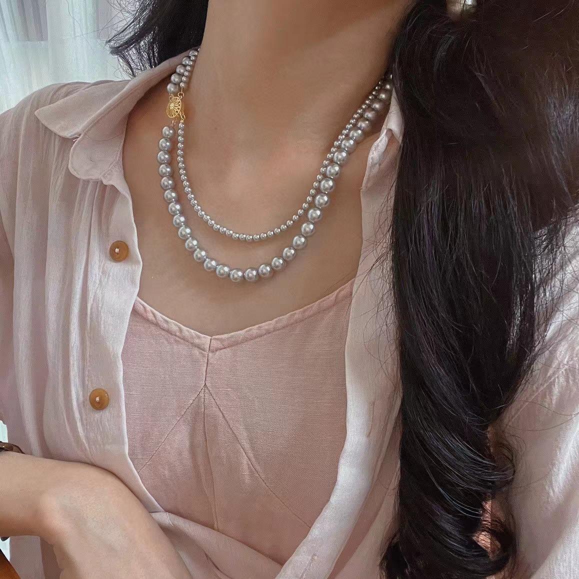 

Vintage 616 Real Multi-Hemp Color Shijia Round Strong Light Double-Layer Pearl Necklace Atmosphere Clavicle Chain Neck