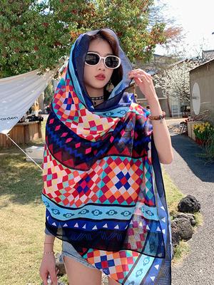 Summer Elegant Women Silk Scarf Sarong Beach Wrap Shawl Vintage Plaid Sunscreen Bandana Hijab Mujer Bohemian Long Scarve Pareo