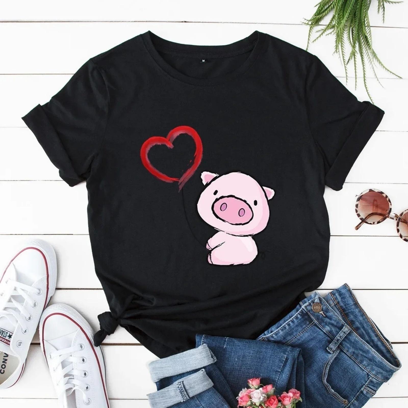 

Funny Kawaii Heart Pig Print Women T Shirt Short Sleeve O Neck Loose Women Tshirt Ladies Tee Shirt Tops Clothes Camisetas Mujer XXXXXL чорний