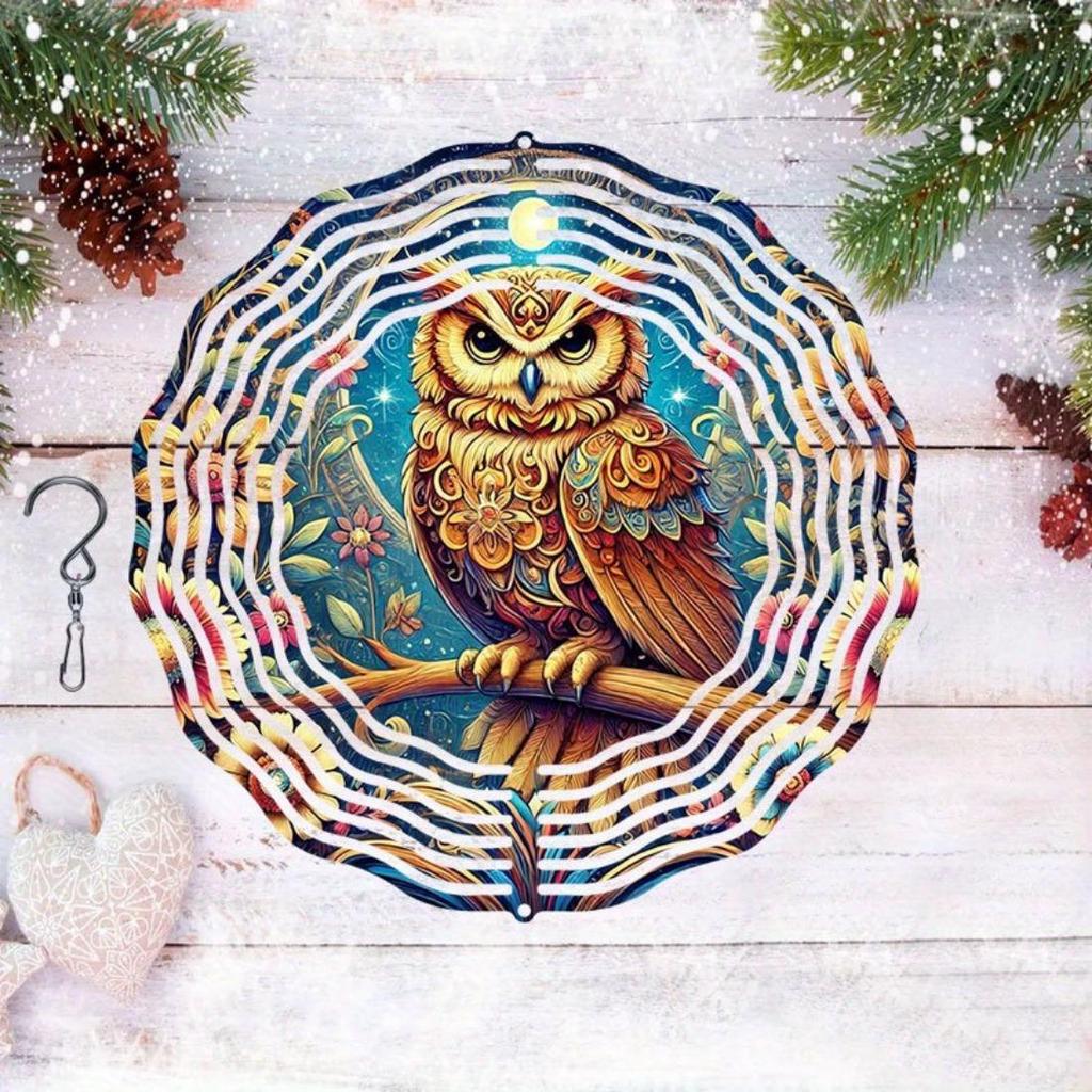 1pc Metal Mandala Wind Chime with Owl & Floral Night Design - All-Season Outdoor/Indoor Hanging Decor for Gardenift