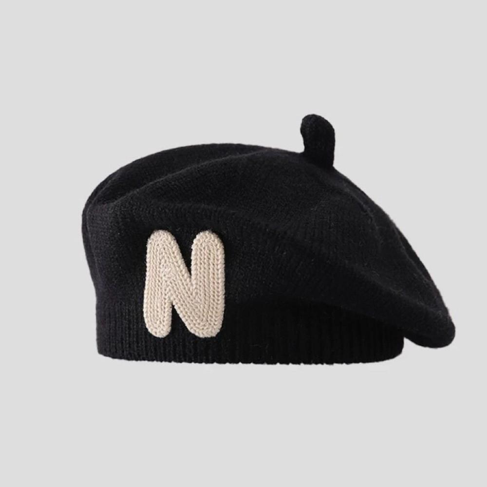 

N Letter Embroidery Toddler Beret Hat Comfortable Beanies Cap Fashion Knitted Hats Autumn Winter чорний