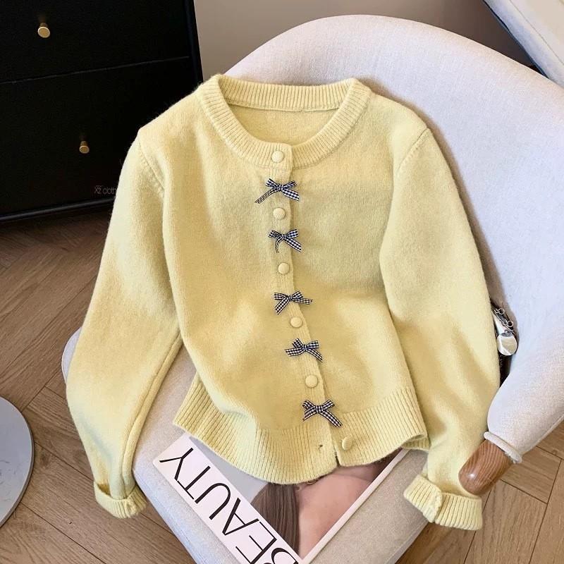 Korean Style Bow Button Knit Cardigan Women Soft Long Sleeve Round Neck Fall Sweater