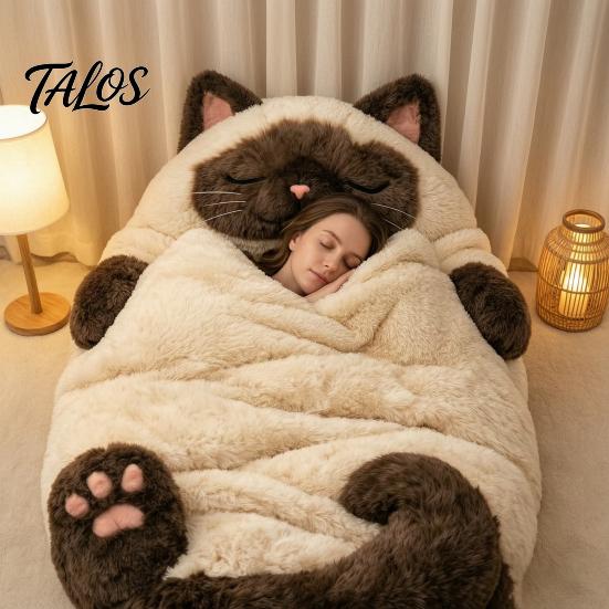 Adults Sleeping Bag Plush Cat Envelope Bag, Winter Slumber for Men Women, Durable Animal Nap Mat Sack Home Travel Comfortable