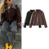 Autumn New Product Women Clothes American Vintage Zipper Lapel Long Sleeve Pu Anti-Leather Loose Crop Jacket Outerwear