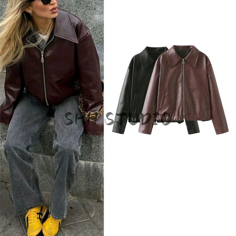 Autumn New Product Women clothes American vintage Zipper Lapel Long sleeve Pu Anti-Leather Loose Crop jacket Outerwear