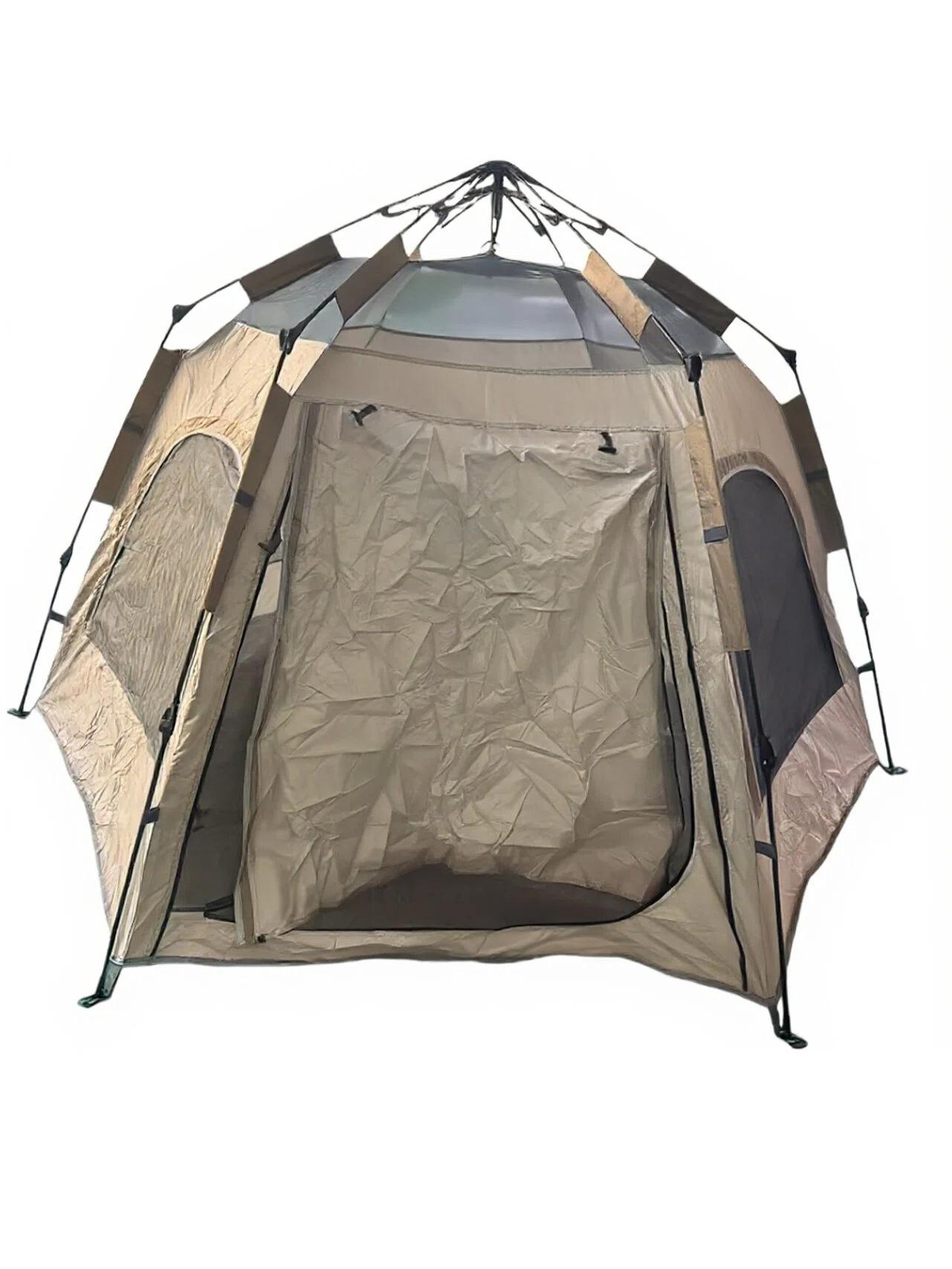 Шестиугольная портативная складная кемпинговая палатка — большая, защищенная от солнца и дождя. 3-5 people хаки