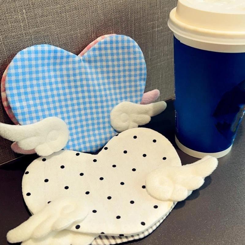 Sweet Angel Wing Heart Coaster Girly Aesthetic Plaid Anti-Scald Table Pad for Coffee Shop Desktop 1Pcs