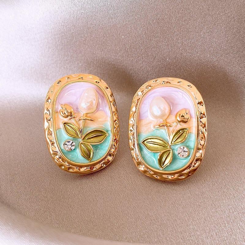 Monet garden oil painting style love flower pearl earrings fashion temperament stud earrings French sweet small fresh earrings
