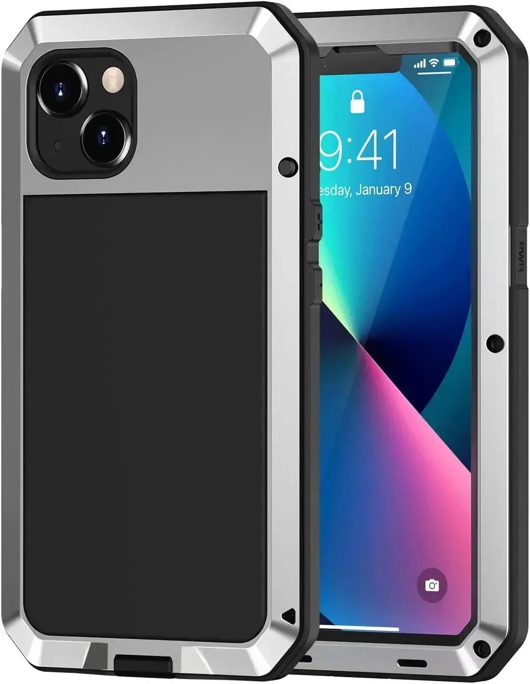 

Для iPhone 17 Air 16e 15 14 13 12 11 Pro Max XS XR 8 7 Plus Металлический чехол Tank Armor Противоударная алюминиевая крышка Защита экрана из стекла For iPhone 17Pro Max&Aluminum серебряный