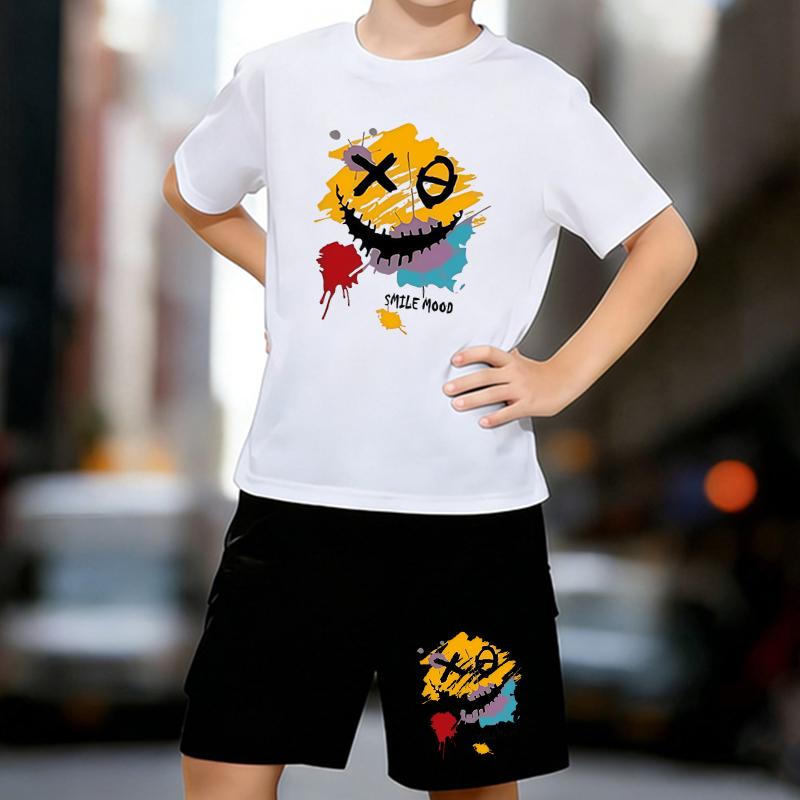 

Boys 2 Piece SMILE MOOD Printed Outfit, Short Sleeve T-Shirt and Shorts Set for Kids Age 5-14,Black and White Sporty Casual Summer Clothes 13-14 Years білий