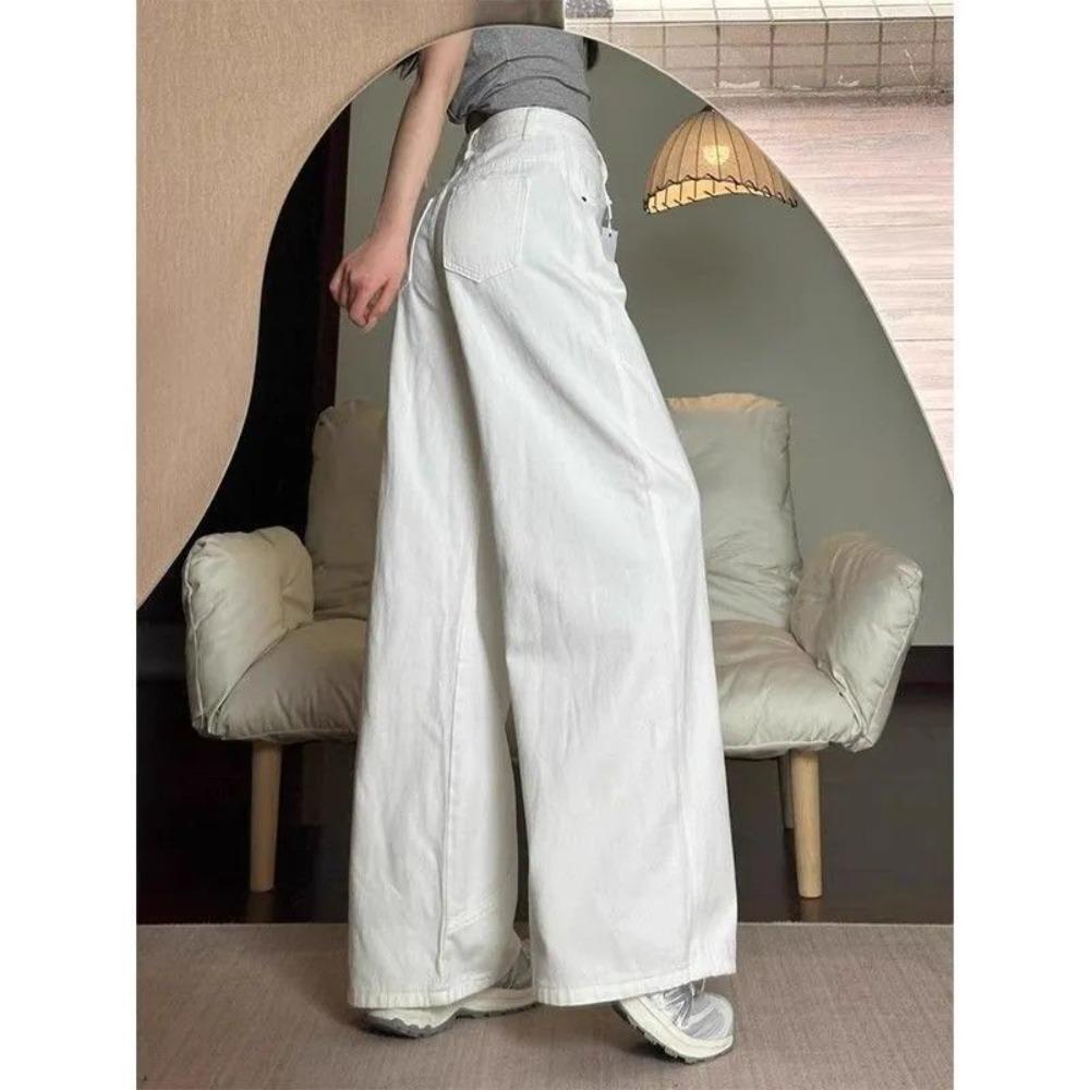 Women's High Waist Wide Leg Jeans Loose Fit Vintage Washed Slight Stretch White Panel Stitch Baggy Denim Trousers