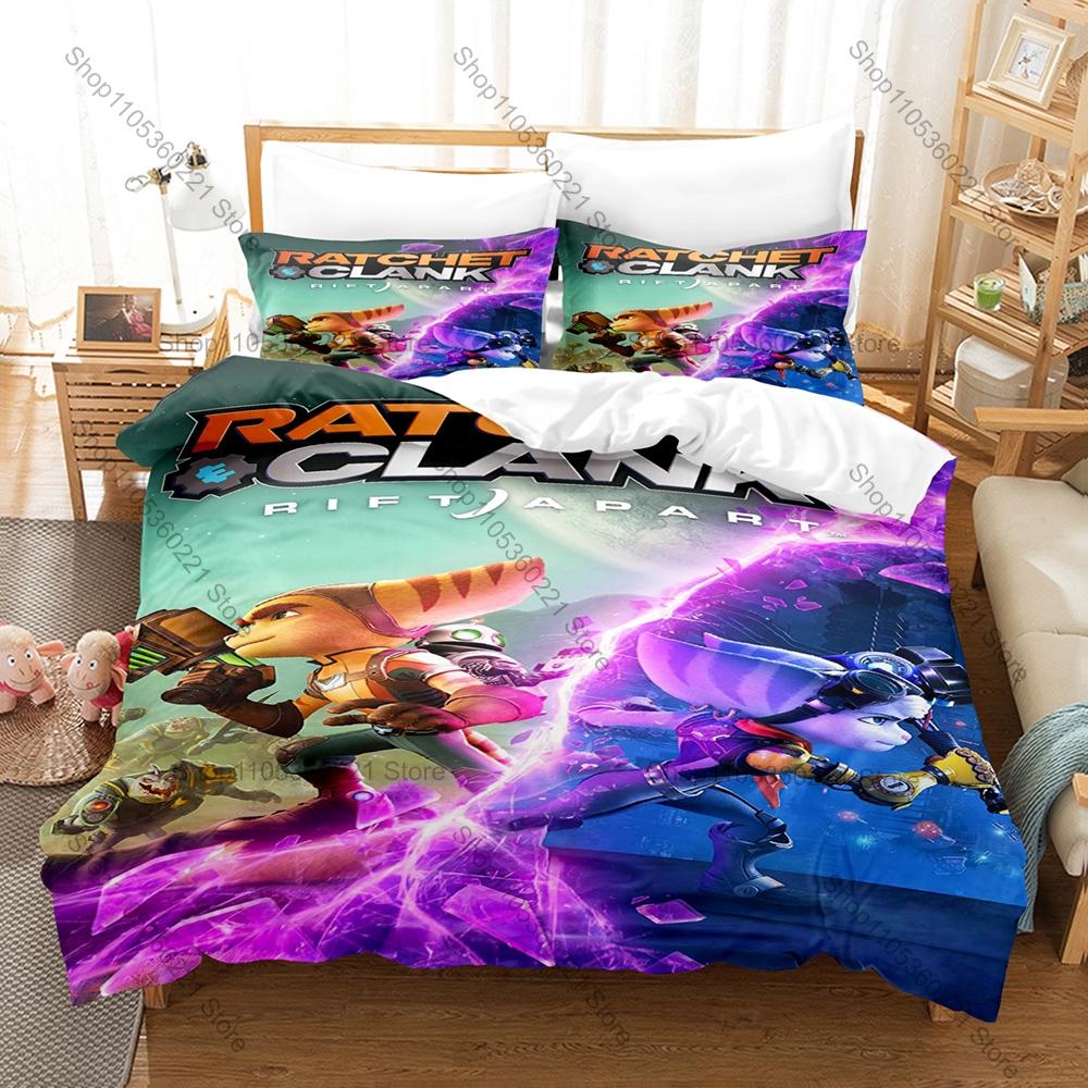 Ratchet & Clank: Rift Apart Lombax Gatto Ratchet & Robot Clank Gioco Sci-Fi Set Biancheria da Letto Stampa HD Copripiumino + 2 Federe